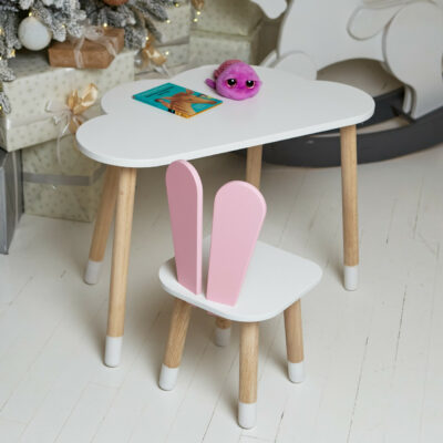 Білий столик хмарка і стільчик зайчик дитячий рожевий, білий дитячий столик  
