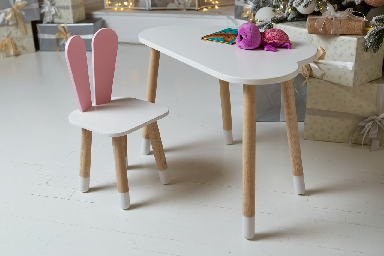Білий столик хмарка і стільчик зайчик дитячий рожевий, білий дитячий столик  
