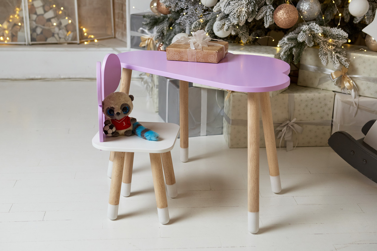 Дитячий столик тучка і стільчик метелик фіолетовий з білим сидінням. Столик для ігор, занять, їжі  