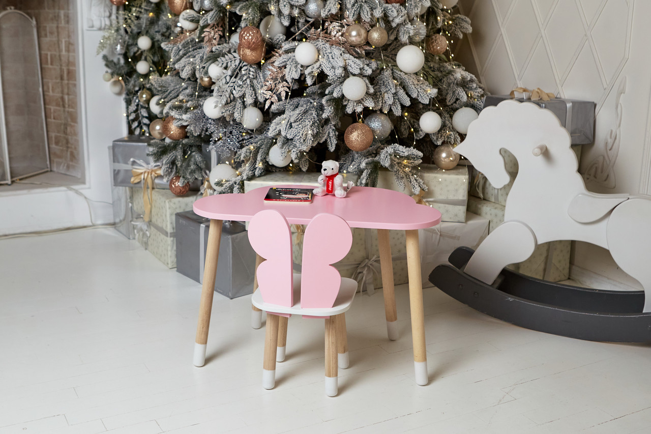 Дитячий стіл хмарка і стільчик метелик рожевий з білим сидінням. Столик для ігор, занять, їжі  
