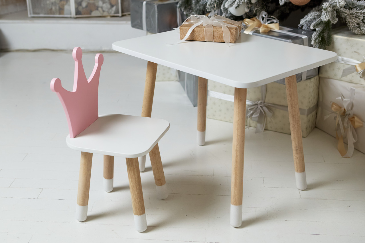 Дитячий білий прямокутний стіл і стільчик рожева корона. Столик для ігор, уроків, їжі. Білий столик  