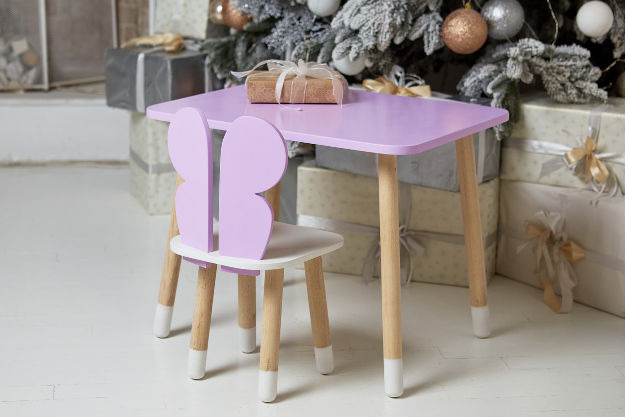 Фіолетовий прямокутний столик і стільчик дитячий метелик із білим сидінням. Фіолетовий дитячий столик  