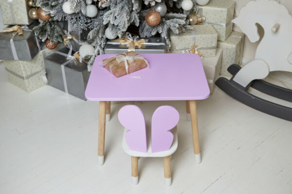 Фіолетовий прямокутний столик і стільчик дитячий метелик із білим сидінням. Фіолетовий дитячий столик  