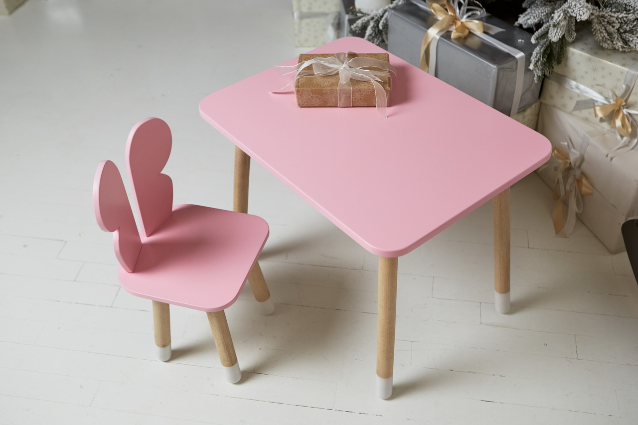 Рожевий прямокутний столик і стільчик дитячий метелик. Рожевий дитячий столик  