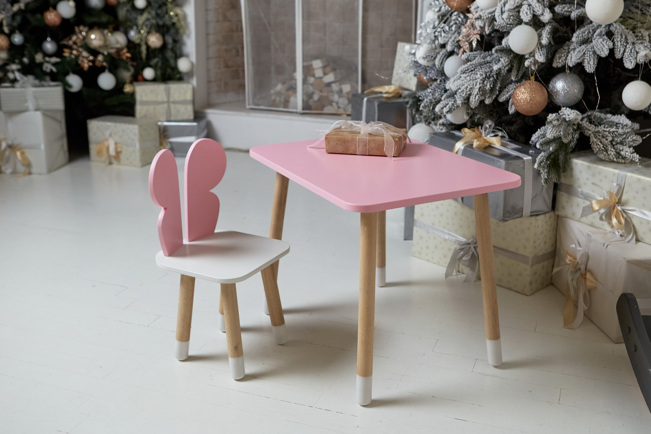 Рожевий прямокутний стіл і стільчик дитячий метелик з білим сидінням. Рожевий дитячий столик  
